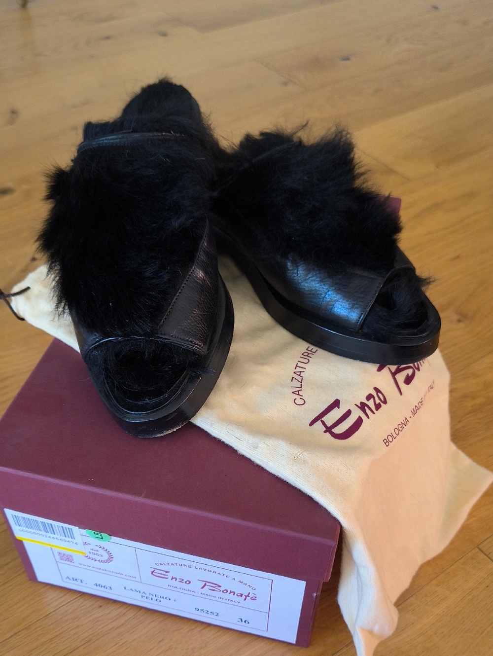 Namacheko & Enzo Bonafe Black Genuine Leather and Real Lama Fur Slide Sandals 6